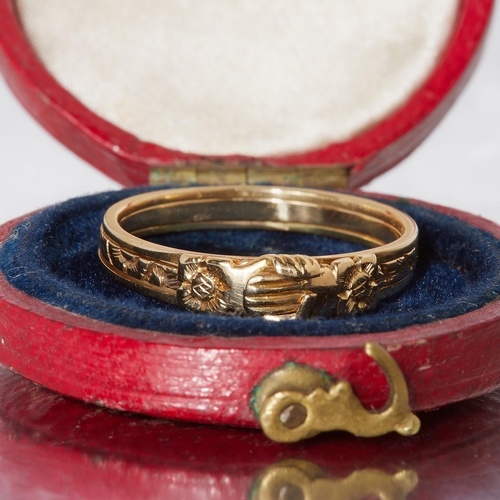 316 - ANTIQUE FEDE GIMMEL RING, The ring of 3 band design. The 2 outside bands designed with a hand each t... 