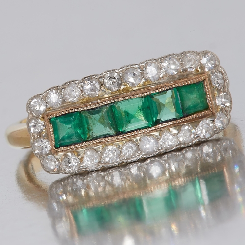 361 - EMERALD AND DIAMOND RING, set with a central row of emeralds totalling approx. 0.61 ct. Surrounded w... 