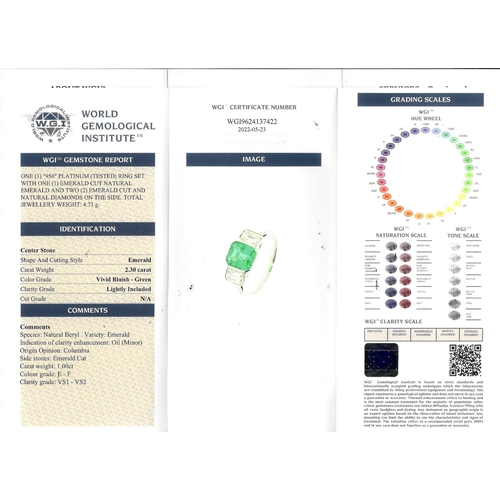 376 - CERTIFICATED COLOMBIAN EMERALD AND DIAMOND RING, Set with an emerald cut emerald of approx. 2.30 ct.... 