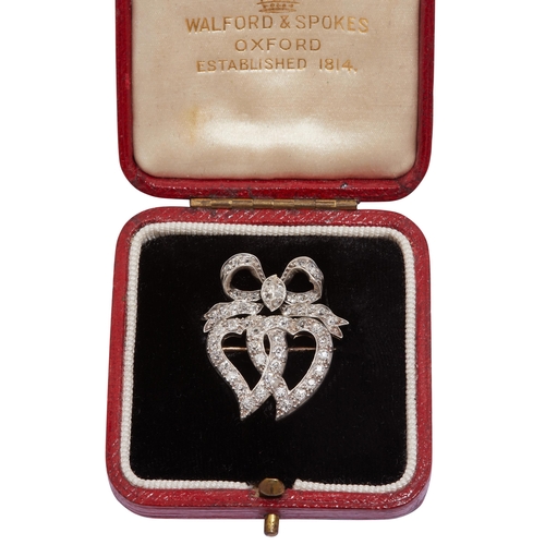 392 - VICTORIAN DIAMOND DOUBLE HEART BROOCH, the double heart set throughout with diamonds, topped with a ... 