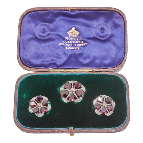 396 - RARE ANTIQUE VICTORIAN DIAMOND AND GARNET BROOCH AND EARRING SET, the brooch of round design, set wi... 