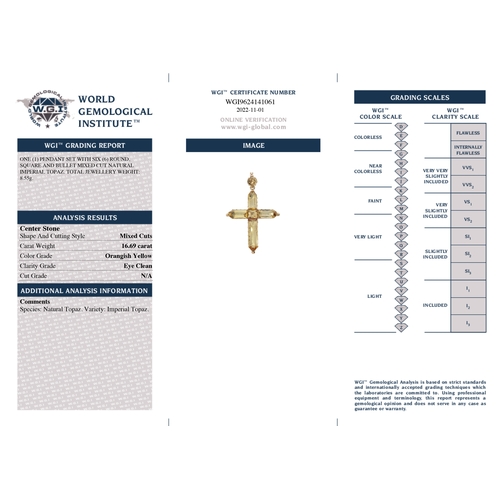 1 - CERTIFICATED GEORGIAN IMPERIAL TOPAZ CROSS PENDANT, The cross fully set with imperial topaz and a fu... 