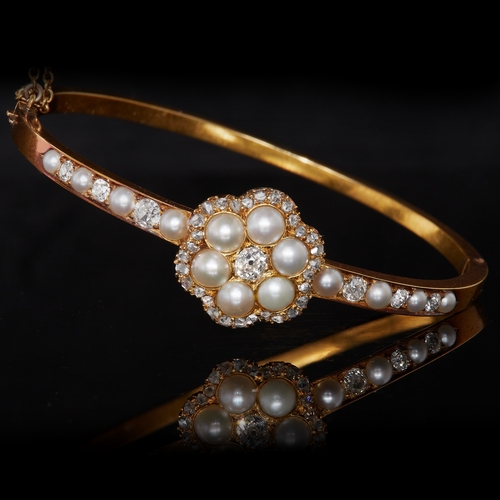 110 - ANTIQUE DIAMOND AND PEARL BANGLE. set with diamonds totalling approx 0.95 ct. beautiful intricate de... 