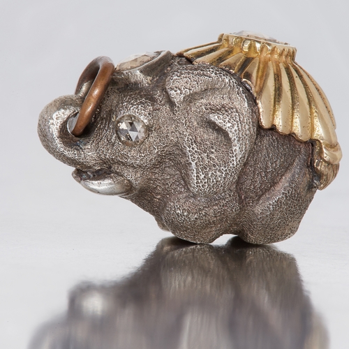 50 - FABERGE, DIAMOND ELEPHANT PENDANT. Designed as an elephant, the body with relief design. Set with a ... 