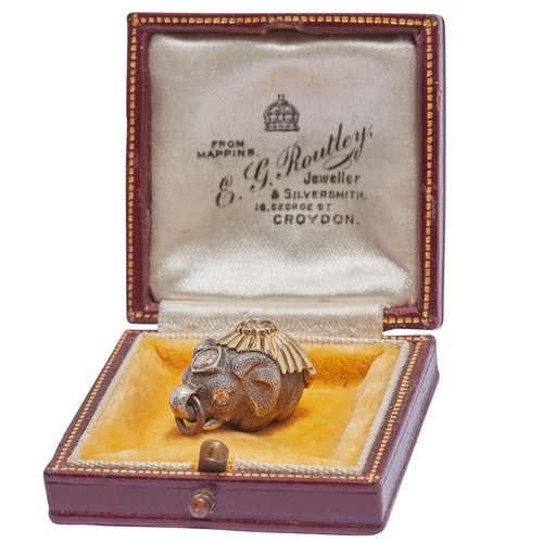 50 - FABERGE, DIAMOND ELEPHANT PENDANT. Designed as an elephant, the body with relief design. Set with a ... 