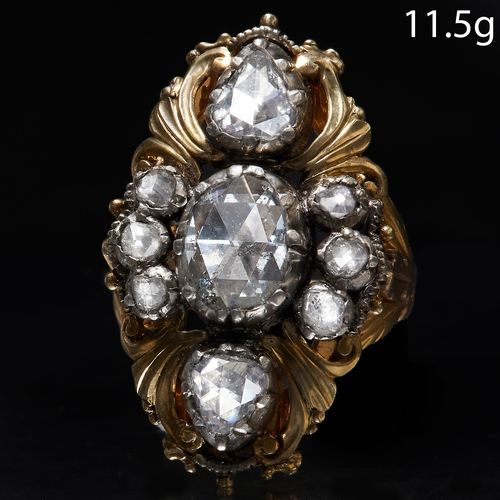 51 - ANTIQUE DIAMOND RING, Set with a larger rose cut diamond to the center of approx. 1 ct. flanked with... 