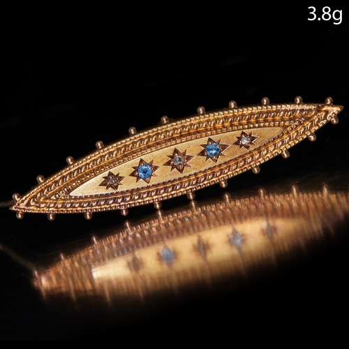 78 - ANTIQUE DIAMOND AND SAPPHIRE BROOCH. set with two blue sapphires and three diamonds. with twisted ro... 