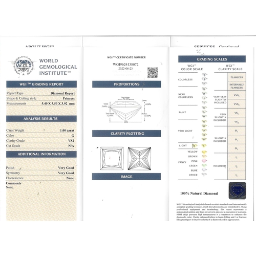 8 - CERTIFIED DIAMOND SOLITAIRE RING, set with a princess cut diamond of 1.00 ct. size M 1/2. 2.6 grams.... 