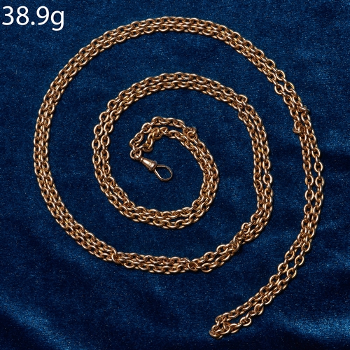 10 - ANTIQUE LONG GUARD CHAIN. tests as gold  L. 132 cm. 38.9 grams.
