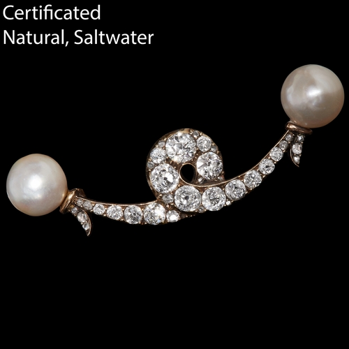 12 - IMPRESSIVE TWO PEARL SET ON A BROOCH WITH DIAMONDS. set with two cream natural saltwater pearls with... 