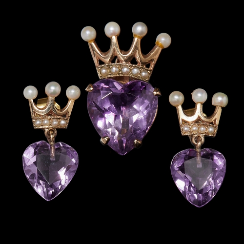 13 - AMETHYST AND PEARL CROWN BROOCH AND PAIR OF EARRINGS, The brooch set with a heart shaped amethyst, t... 
