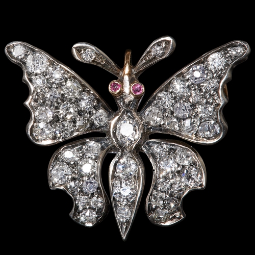 16 - VICTORIAN DIAMOND BUTTERFLY BROOCH, set with old cut diamonds totalling approx. 1.50 ct. and 2 ruby ... 