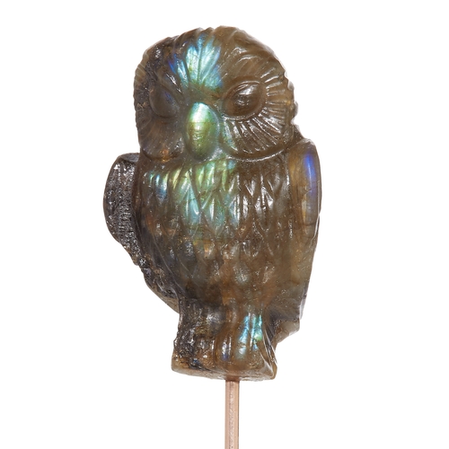 17 - ANTIQUE LABRADORITE STICK PIN. attractive stick pin, modelled as an owl. highly detailed. 8 cm appro... 