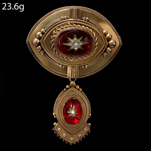 28 - ANTIQUE VICTORIAN GARNET AND DIAMOND BROOCH. set with a large vibrant cabochon garnet with a diamond... 