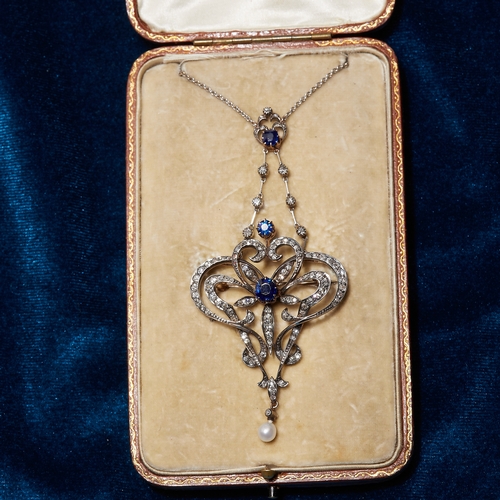 3 - BELLE EPOQUE SAPPHIRE, PEARL AND DIAMOND PENDANT BROOCH. set with blue sapphires totalling approx 1.... 