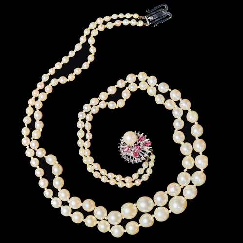 36 - 2-ROW SOUTH SEA PEARL NECKLACE, with ruby and diamond clasp. The 2-row cultured south sea pearl neck... 