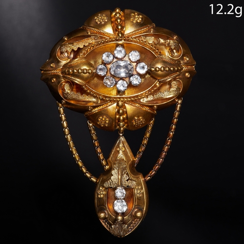43 - ANTIQUE VICTORIAN DROP BROOCH. Set to the center with a cluster of white stones, decorated with flor... 