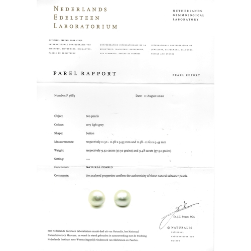 53 - IMPORTANT PAIR OF NATURAL SALTWATER PEARL AND DIAMOND DROP EARRINGS, The diamond tops suspending a l... 