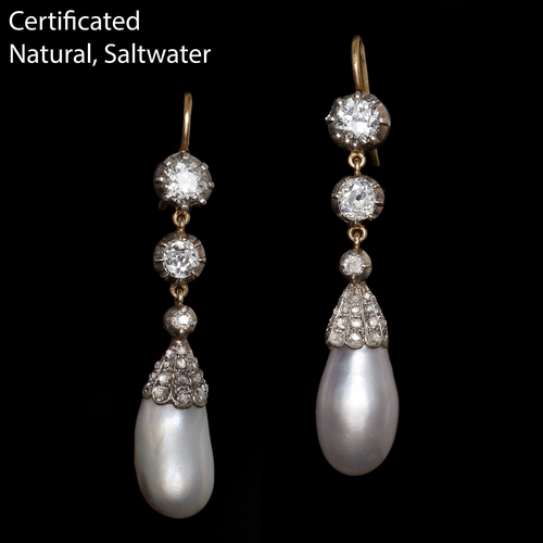 55 - IMPORTANT PAIR OF NATURAL SALTWATER PEARL AND DIAMOND DROP EARRINGS, each with a diamond set top and... 