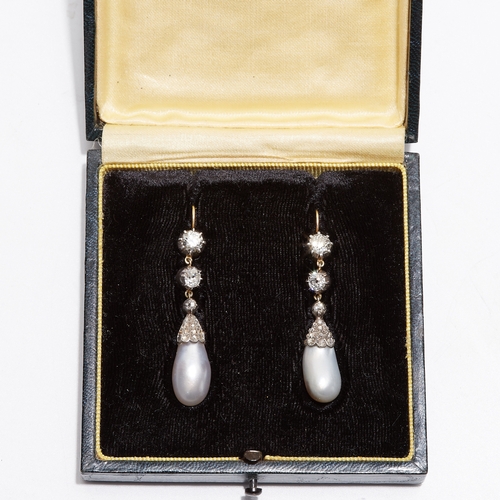 55 - IMPORTANT PAIR OF NATURAL SALTWATER PEARL AND DIAMOND DROP EARRINGS, each with a diamond set top and... 