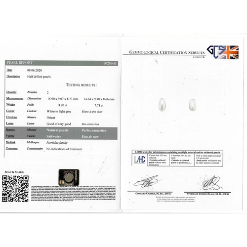 55 - IMPORTANT PAIR OF NATURAL SALTWATER PEARL AND DIAMOND DROP EARRINGS, each with a diamond set top and... 