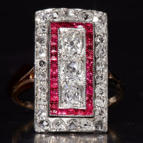 125 - BEAUTIFUL ART-DECO DIAMOND AND RUBY RING, shank stamped 875 for 21 ct. gold. The bright and lively d... 