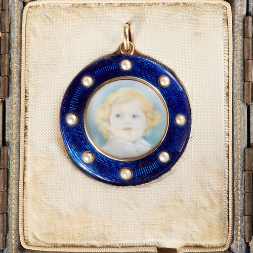 126 - FINE EDWARDIAN ENAMELLED PORTRAIT PENDANT LOCKET. depicting a miniature portrait of a child. with a ... 