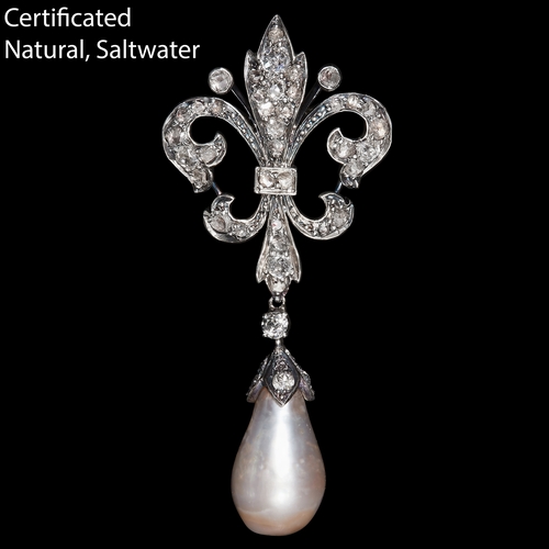 127 - CERTIFICATED NATURAL SALTWATER PEARL AND DIAMOND DROP BROOCH, The diamond set top as a Fleur-de-lis,... 