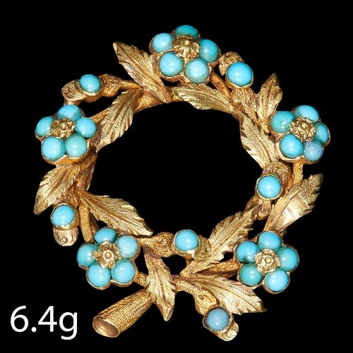 131 - ANTIQUE GOLD TURQUOISE FLORAL BROOCH. set with vibrant turquoise , in a floral design. 3 cm diameter... 