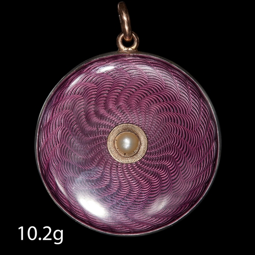 133 - ANTIQUE ENAMEL AND PEARL PENDANT. set with a central pearl ,on a purple enamel backdrop . enamel in ... 