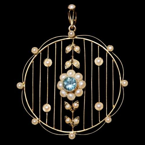 138 - ANTIQUE AQUAMARINE AND PEARL PENDANT. set with a rich vibrant aquamarine. surrounded by pearls. in a... 