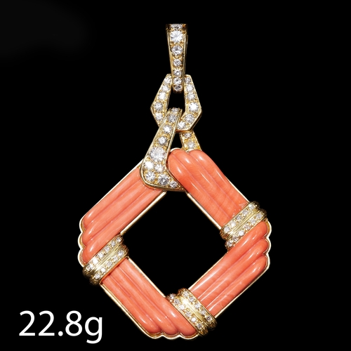 14 - ATTRACTIVE LARGE CORAL AND DIAMOND PENDANT, in 18 ct. gold. set with 4 carved coral sections of good... 