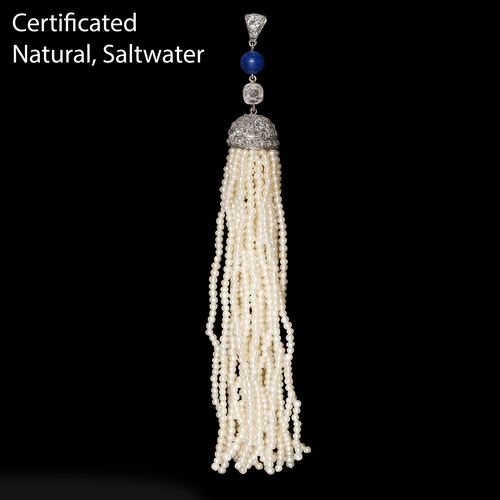 140 - IMPRESSIVE CERTIFICATED ART DECO NATURAL SALTWATER PEARL, DIAMOND AND LAPIS LAZULI DROP PENDANT. set... 