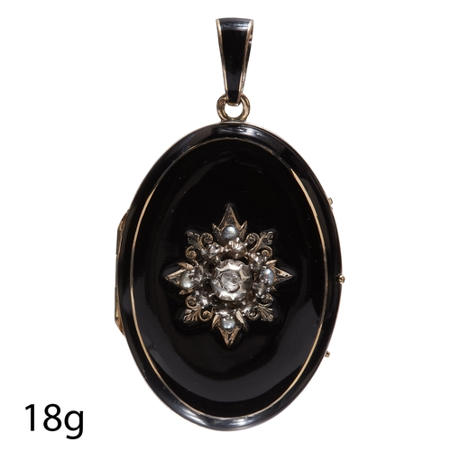 141 - ANTIQUE ENAMEL DIAMOND AND PEARL LOCKET PENDANT. testing as gold. form of a central star with diamon... 