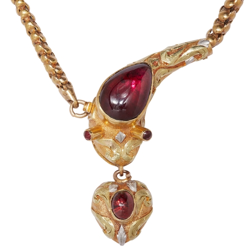 142 - VICTORIAN GARNET SET SNAKE NECKLACE. the serpent head set with a cabochon garnet. with raised caboch... 