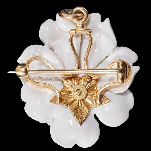 145 - FINE TIFFANY & CO GOLD ENAMELED DIAMOND FLOWER BROOCH/PENDANT. with detailed enamel work, suspending... 