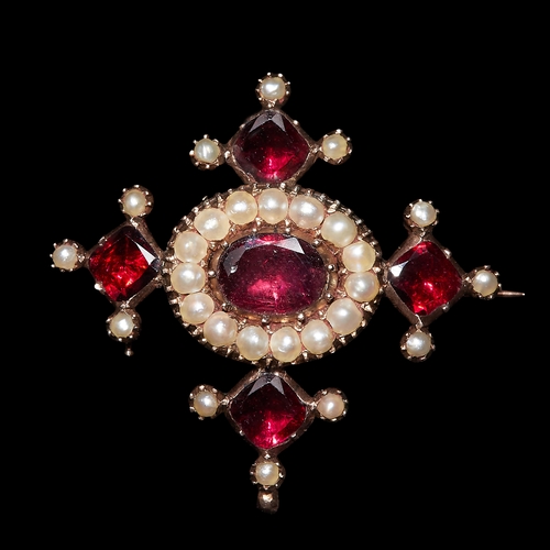 146 - GEORGIAN GARNET AND PEARL CROSS BROOCH. set with rich vibrant garnets . with pearl surround. 3 cm di... 