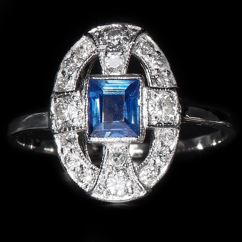 153 - ART DECO SAPPHIRE AND DIAMOND RING. set with a rich vibrant sapphire. surrounded by bright diamonds.... 