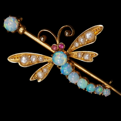 156 - VICTORIAN OPAL RUBY AND PEARL DRAGONFLY BROOCH, bright and lively stones, opals with lovely play of ... 