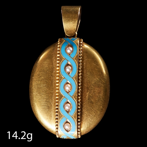 161 - VICTORIAN ENAMEL AND PEARL LOCKET PENDANT, testing as gold. Locket back. L. 4.9 cm. 14.2 grams.