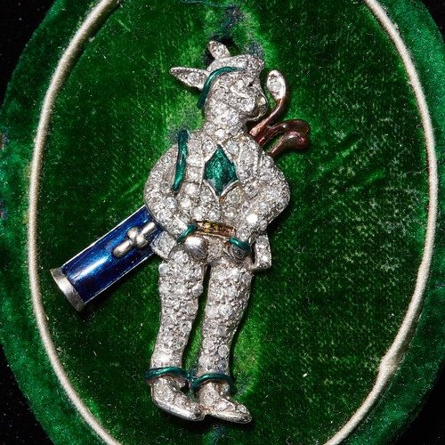 163 - ATTRACTIVE DIAMOND AND ENAMEL 'GOLFER RABBIT' BROOCH, set throughout with diamonds, highlighted with... 