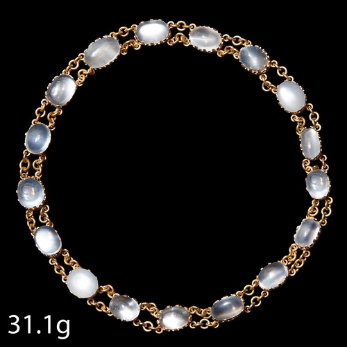 166 - ANTIQUE MOONSTONE NECKLACE. set with large vibrant graduated moonstones. L 35 cm. 31.1 grams.