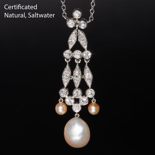 167 - IMPRESSIVE EDWARDIAN CERTIFICATED NATURAL SALTWATER PEARL AND DIAMOND PENDANT NECKLACE. set with a n... 