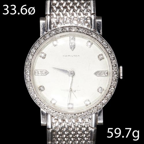 174 - HAMILTON, DIAMOND SET WRISTWATCH, in 14 ct. gold. The bezel and indices on the dial set with idamond... 