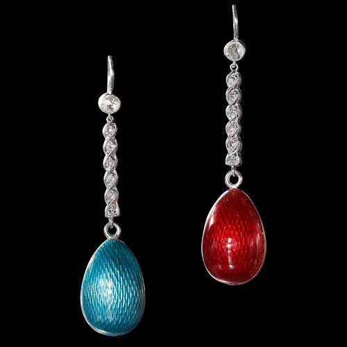 19 - ATTRACTIVE PAIR OF DIAMOND AND ENAMEL EGG DROP EARRINGS, the diamond tops suspending an enameled egg... 