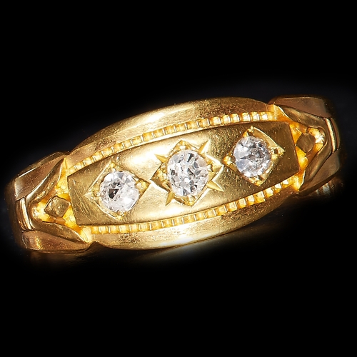 22 - VICTORIAN 18 CT GOLD THREES STONE DIAMOND RING. set with bright lively diamonds. size N 1/2. 2.6 gra... 