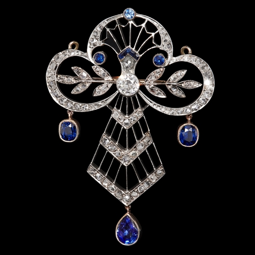 23 - BELLE EPOQUE DIAMOND AND SAPPHIRE DROP BROOCH, of openwork design, set with diamonds accentuated wit... 