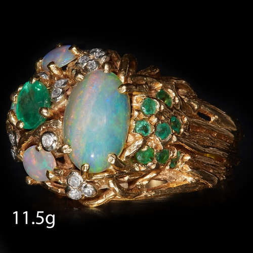 26 - VINTAGE OPAL, EMERALD AND DIAMOND CLUSTER RING. set with rich opals with great play of colour , with... 