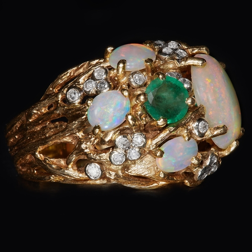 26 - VINTAGE OPAL, EMERALD AND DIAMOND CLUSTER RING. set with rich opals with great play of colour , with... 