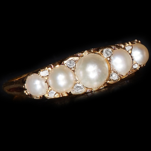29 - LATE VICTORIAN GRADUATED PEARL AND DIAMOND RING. testing as 18 ct gold. size N. 2.8 grams.